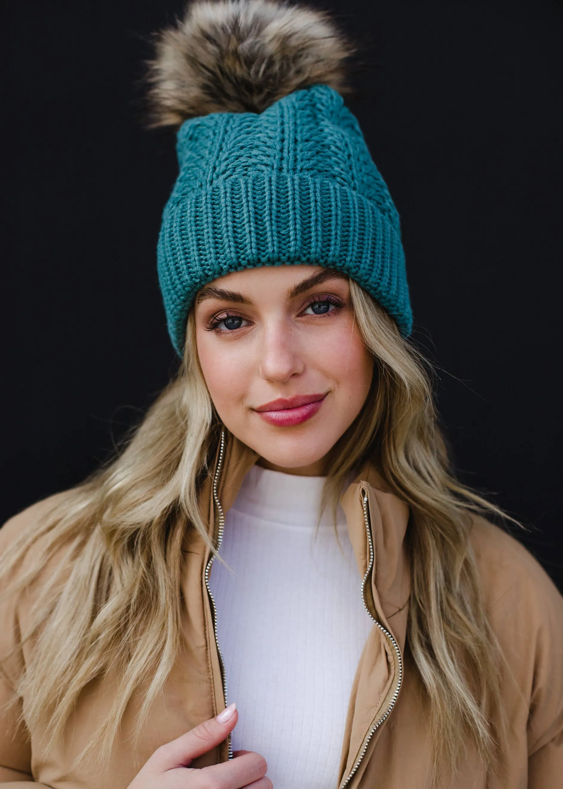 Blue Cable Knit Pom Hat