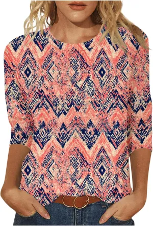 Boho Outfits for Women Bohemian Floral Print 3/4 Sleeves Tunic Tops Shirt Floral Print Crewneck Blouses