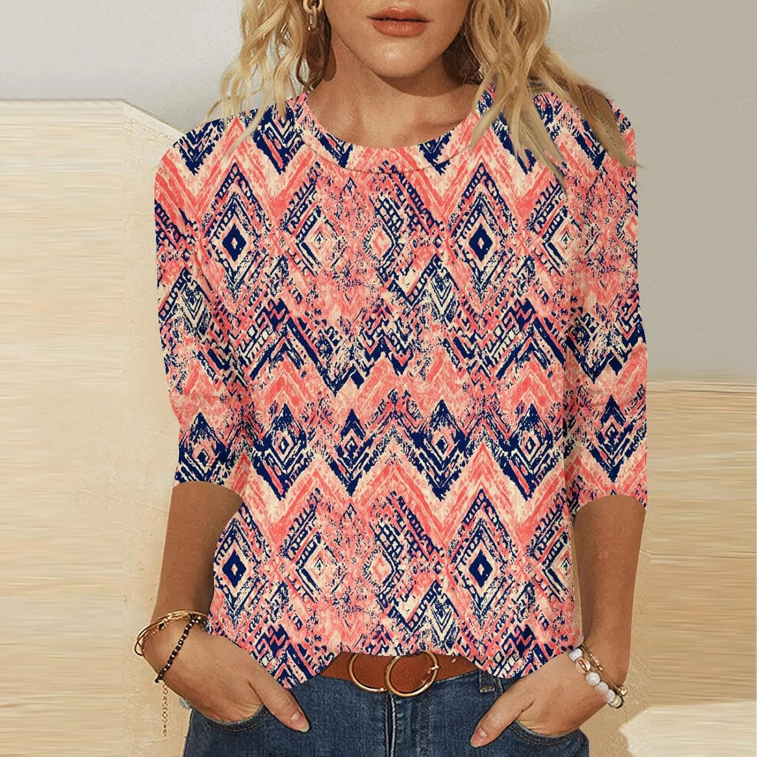 Boho Outfits for Women Bohemian Floral Print 3/4 Sleeves Tunic Tops Shirt Floral Print Crewneck Blouses