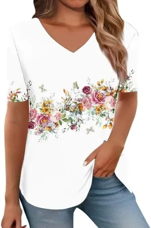 Boho Short Sleeve Tops for Women V Neck 2025 Summer Fashion Graphic Tees Vintage Floral Blouse Shirt