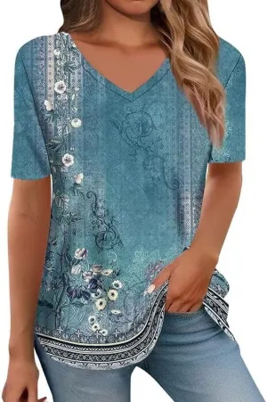 Boho Short Sleeve Tops for Women V Neck 2025 Summer Fashion Graphic Tees Vintage Floral Blouse Shirt