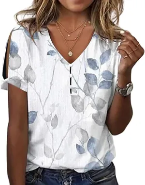 Boho Tops for Women Hippie Floral Shirts 2025 Cold Shoulder Short Sleeve V Neck Button Down Fashion T Shirts Blouse