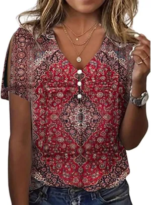 Boho Tops for Women Hippie Floral Shirts 2025 Cold Shoulder Short Sleeve V Neck Button Down Fashion T Shirts Blouse