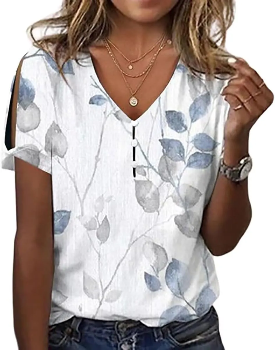 Boho Tops for Women Hippie Floral Shirts 2025 Cold Shoulder Short Sleeve V Neck Button Down Fashion T Shirts Blouse