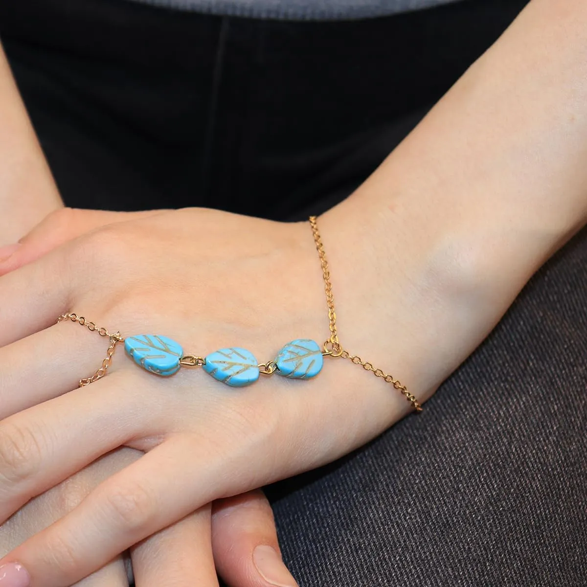 Boho Turquoise Hand Chain Bracelets Star Leaves Beaded Finger Ring Link Chain Slave Bracelets Summer Beach Wedding Hand Jewelry for Women