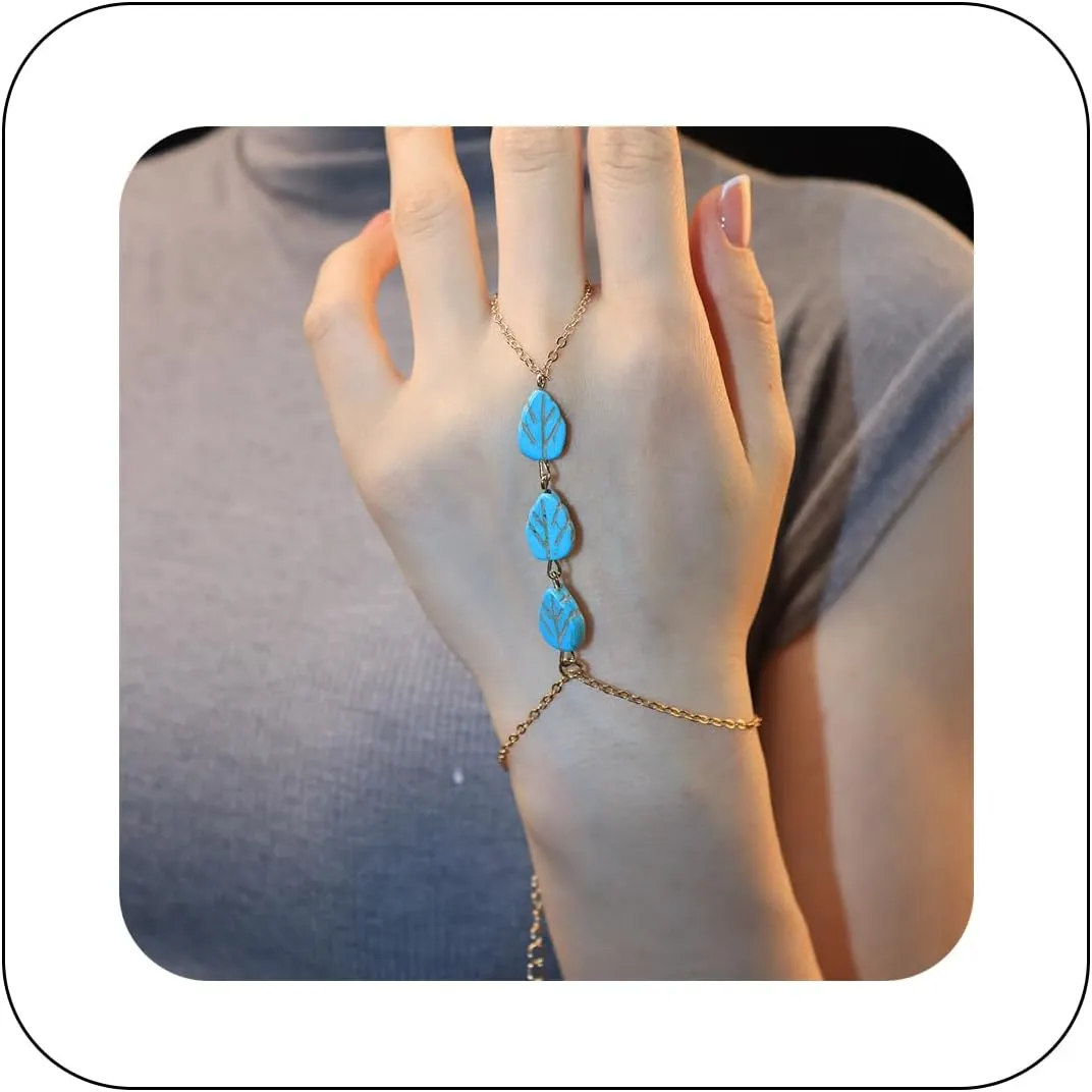 Boho Turquoise Hand Chain Bracelets Star Leaves Beaded Finger Ring Link Chain Slave Bracelets Summer Beach Wedding Hand Jewelry for Women