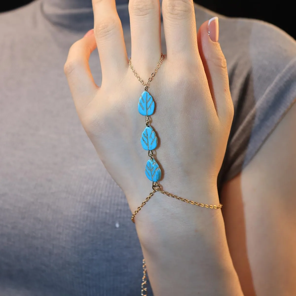 Boho Turquoise Hand Chain Bracelets Star Leaves Beaded Finger Ring Link Chain Slave Bracelets Summer Beach Wedding Hand Jewelry for Women