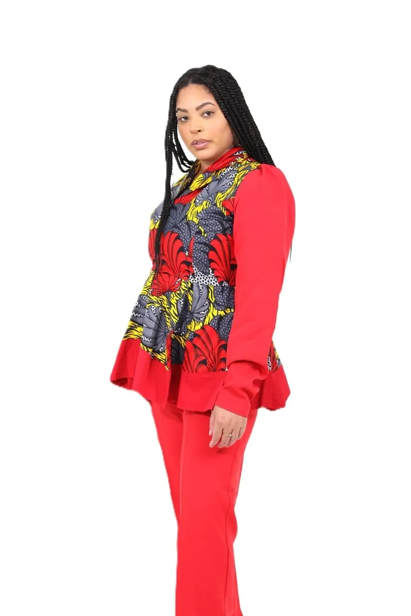 Bold Red Ankara and Crepe Pant Set with Peplum Zip-Up Top  Smooth Visage