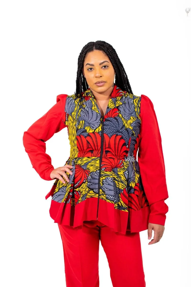 Bold Red Ankara and Crepe Pant Set with Peplum Zip-Up Top  Smooth Visage