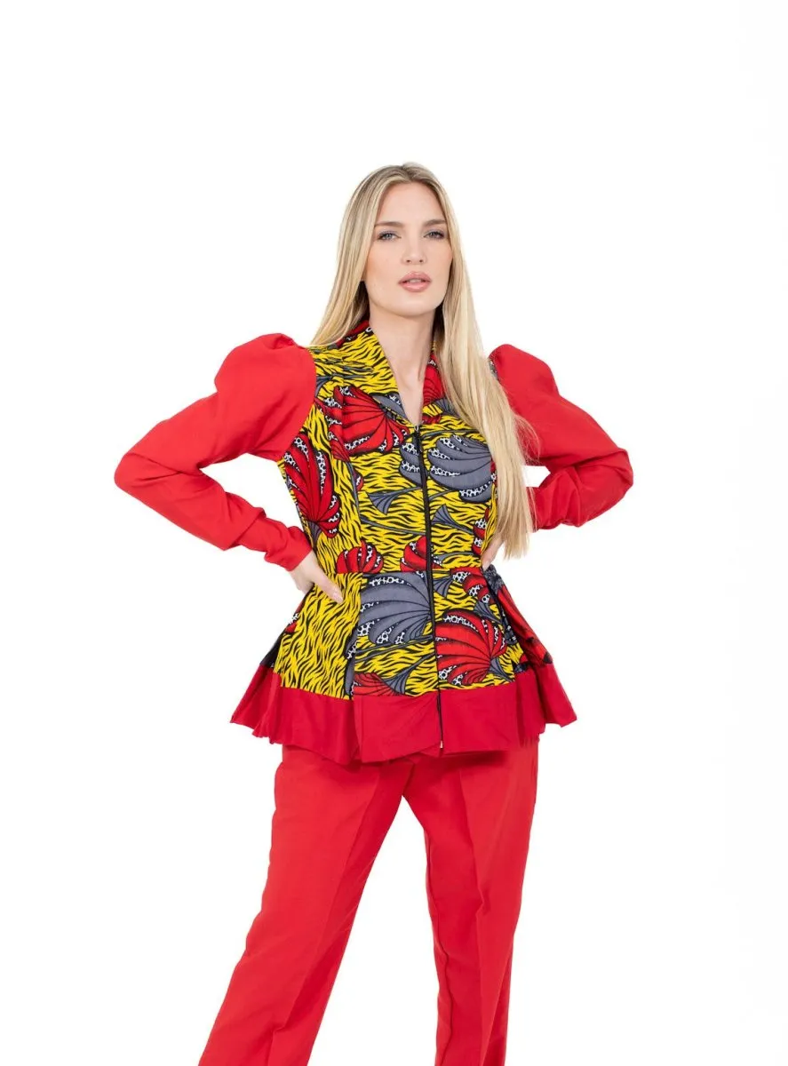 Bold Red Ankara and Crepe Pant Set with Peplum Zip-Up Top  Smooth Visage