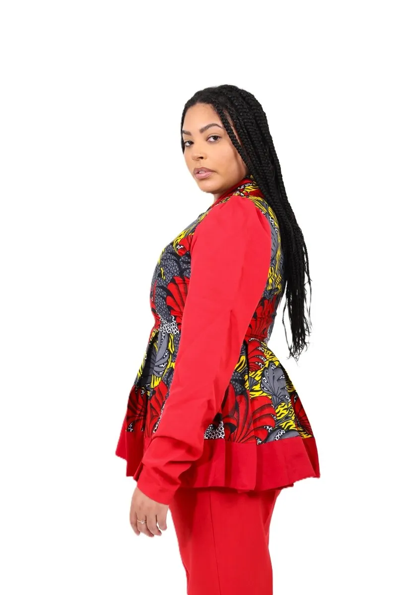 Bold Red Ankara and Crepe Pant Set with Peplum Zip-Up Top  Smooth Visage