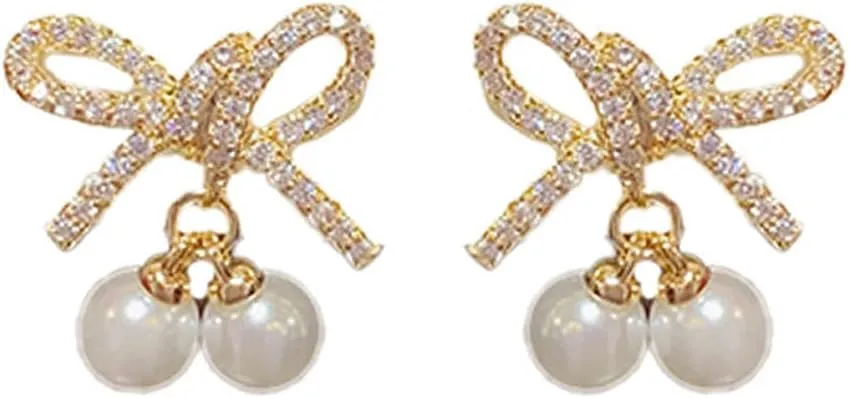 Bow Pearl Stud Earrings for Women 925 Sterling Silver Post Earrings Rhinestone Ribbon Knot Dangle Drop Earrings Sweet Dangling Pearls Drop Charm Earrings