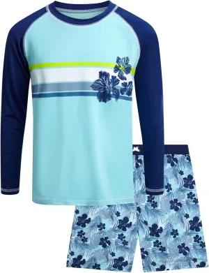Boys Rash Guard Swimsuit Set - Kids Long Sleeve Bathing Suit Swimwear Sets (Sizes: 5-12)