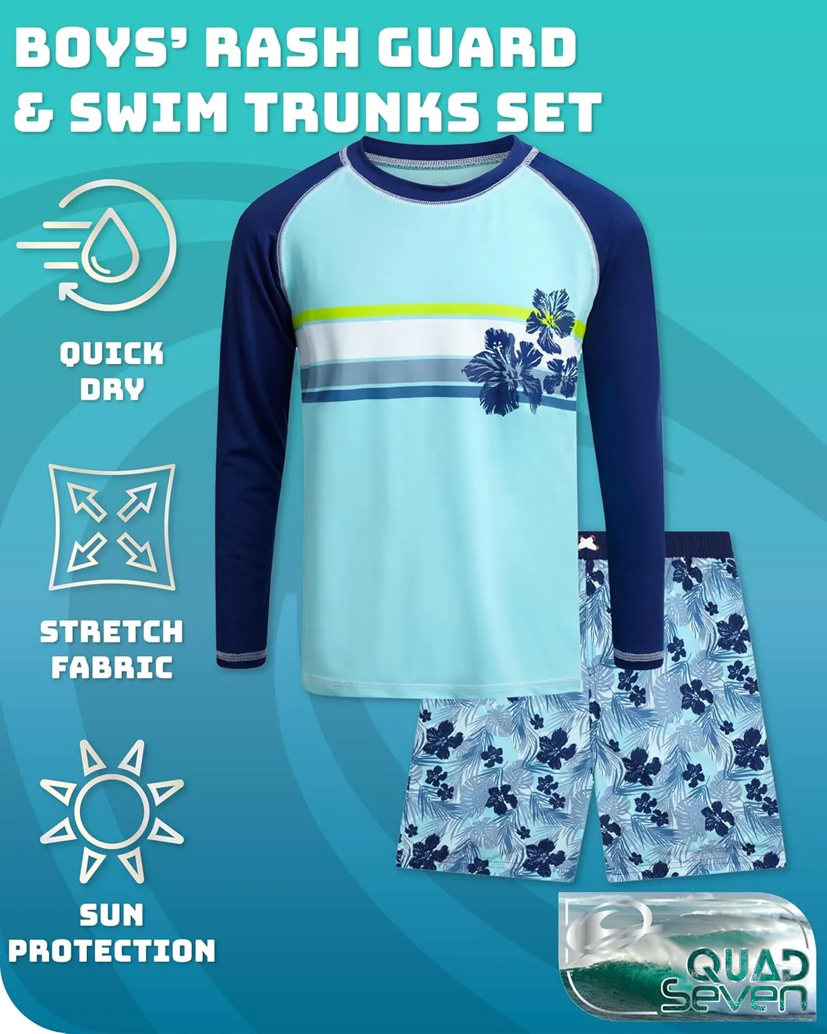 Boys Rash Guard Swimsuit Set - Kids Long Sleeve Bathing Suit Swimwear Sets (Sizes: 5-12)