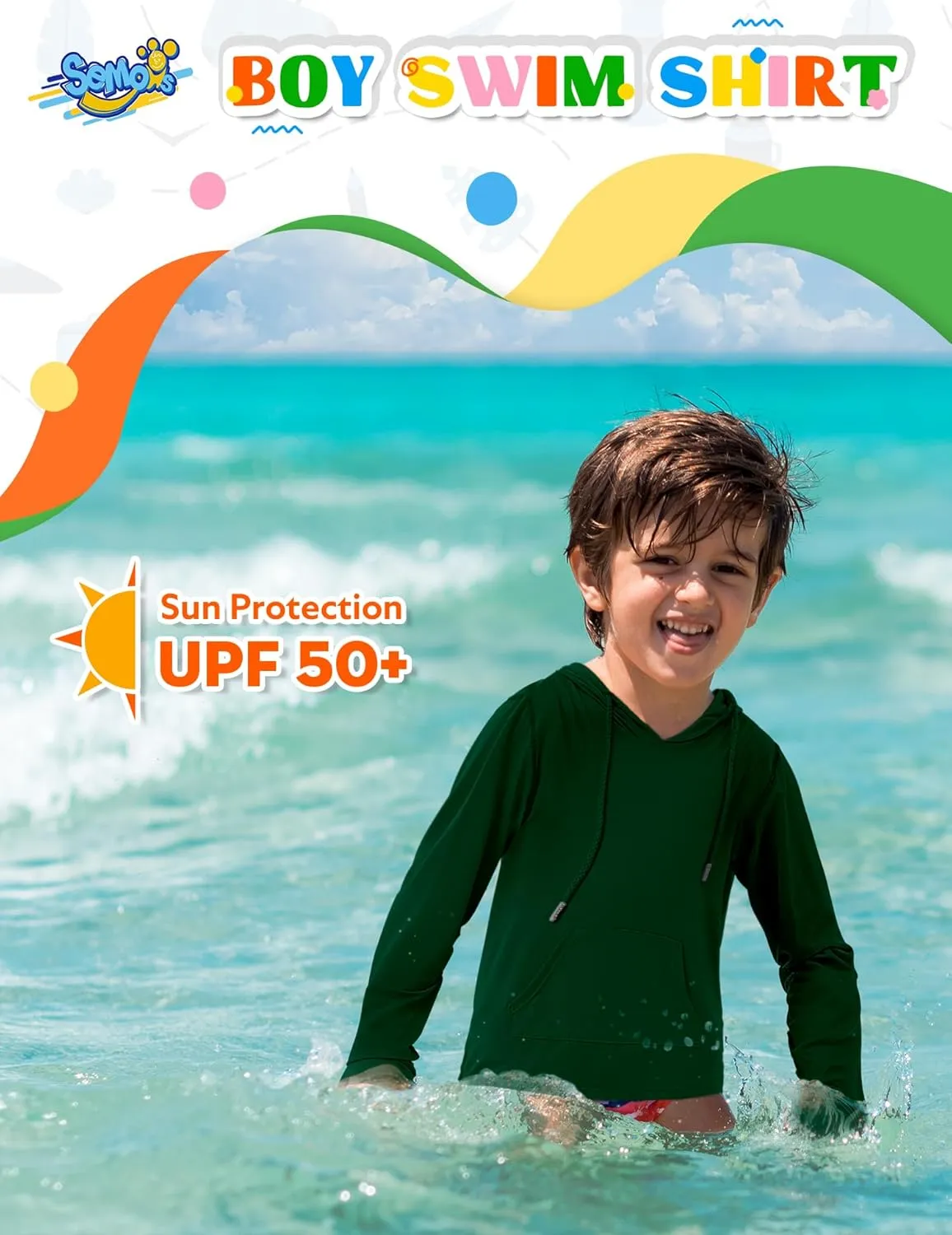 Boys Rash Guard UPF 50  Swim Shirts Sun Protection Long Sleeve Hoodie Kids Fishing Beach Watersport Shirt with Pocket