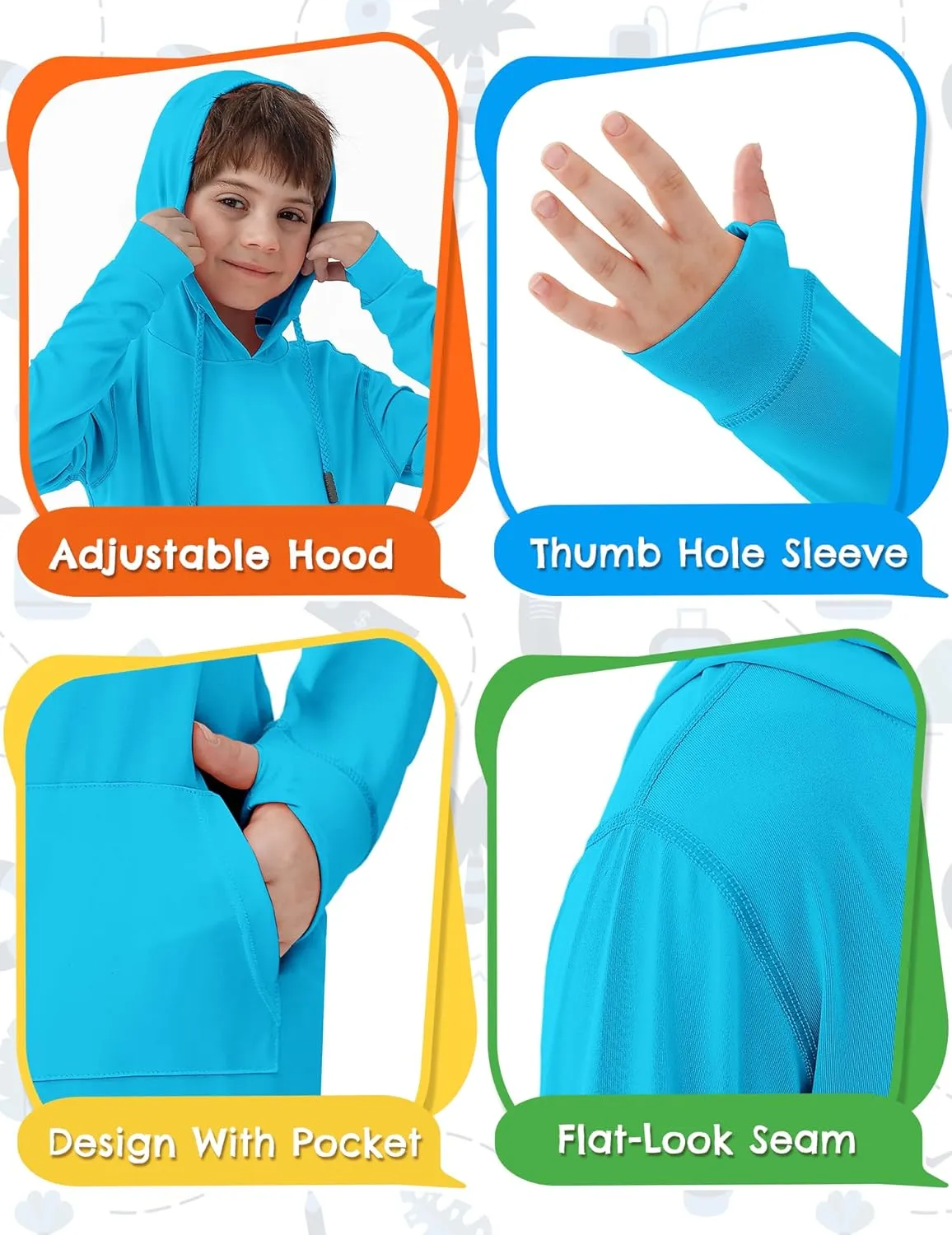 Boys Rash Guard UPF 50  Swim Shirts Sun Protection Long Sleeve Hoodie Kids Fishing Beach Watersport Shirt with Pocket