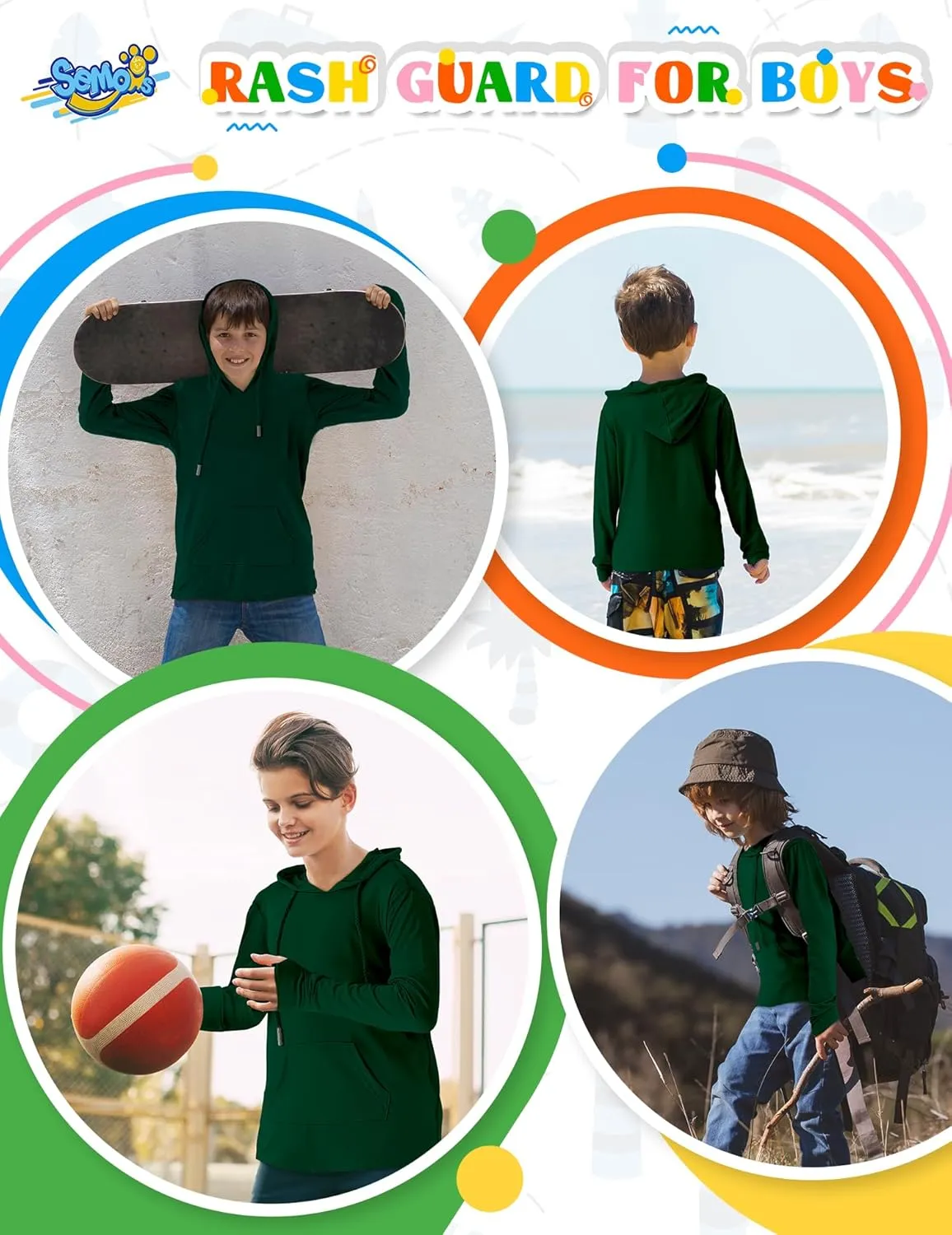 Boys Rash Guard UPF 50  Swim Shirts Sun Protection Long Sleeve Hoodie Kids Fishing Beach Watersport Shirt with Pocket