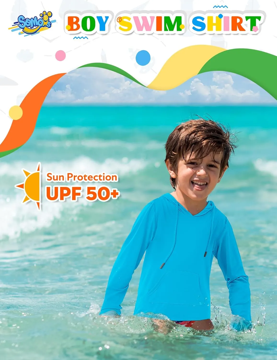 Boys Rash Guard UPF 50  Swim Shirts Sun Protection Long Sleeve Hoodie Kids Fishing Beach Watersport Shirt with Pocket