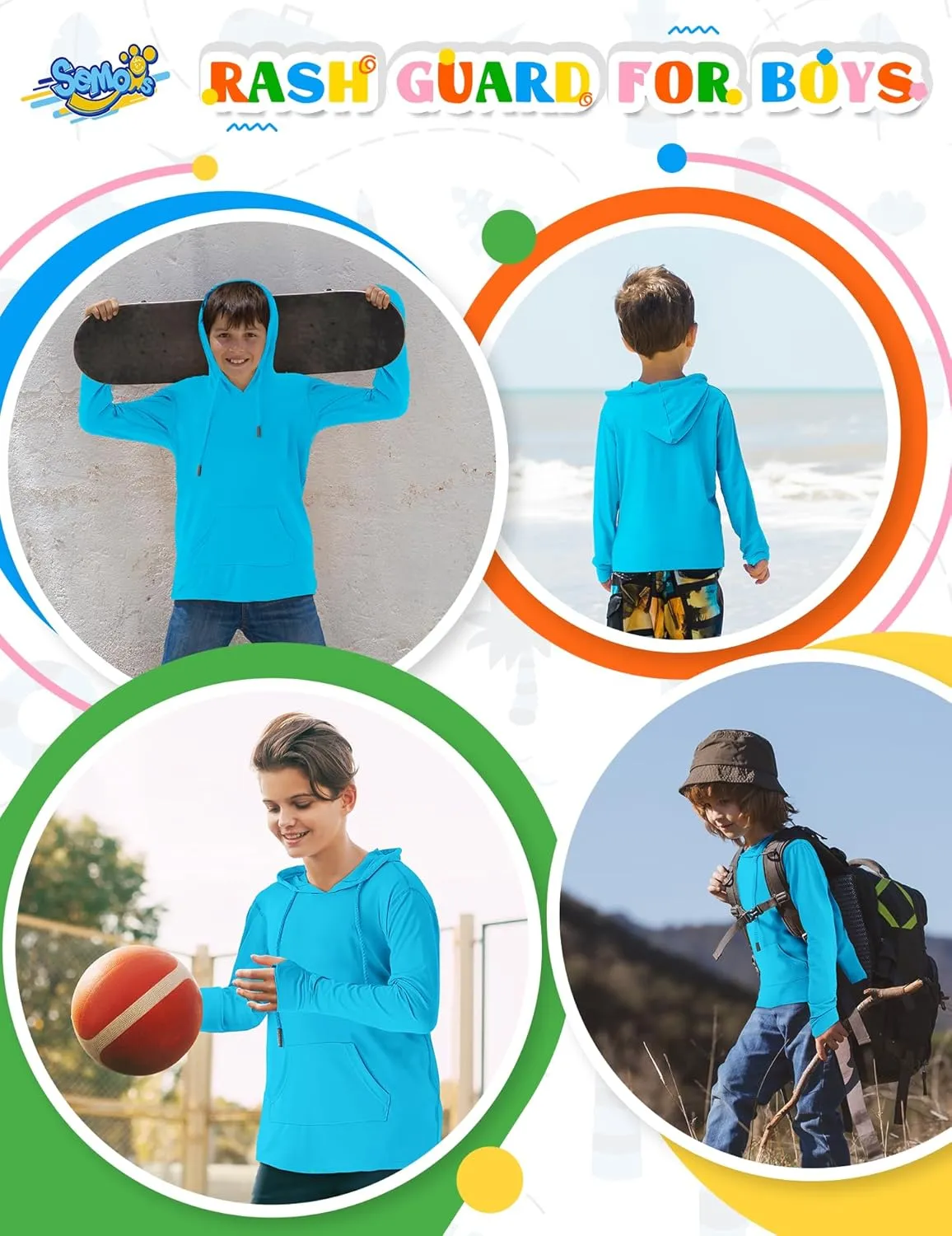 Boys Rash Guard UPF 50  Swim Shirts Sun Protection Long Sleeve Hoodie Kids Fishing Beach Watersport Shirt with Pocket