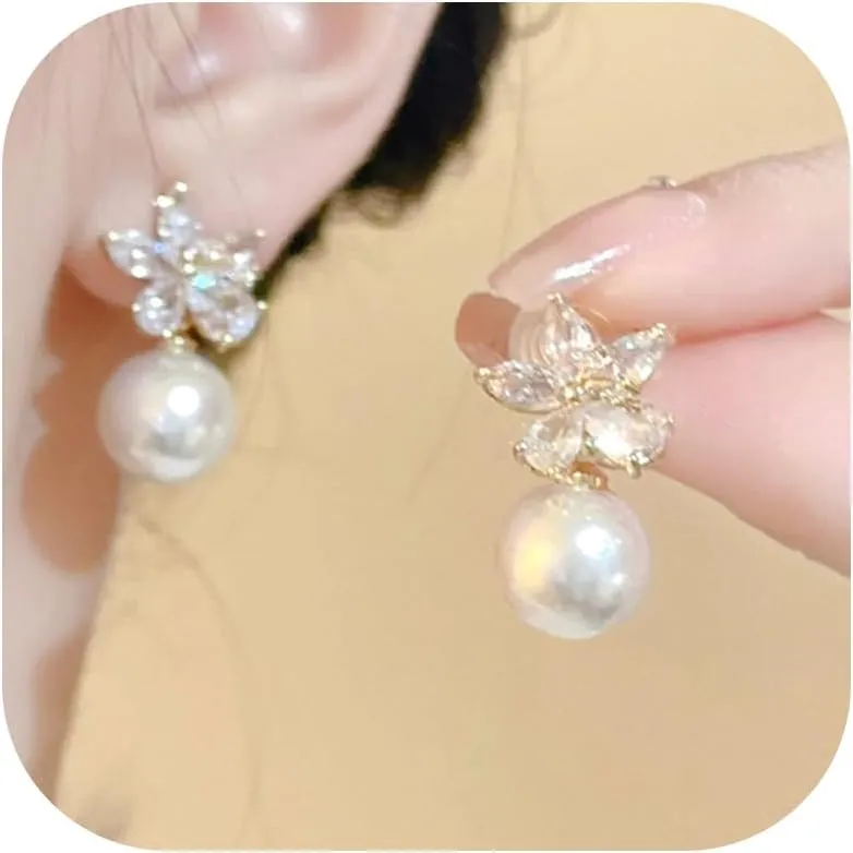 Bride Pearl Drop Earrings for Women 14K Gold Plated Wedding Earrings for Brides