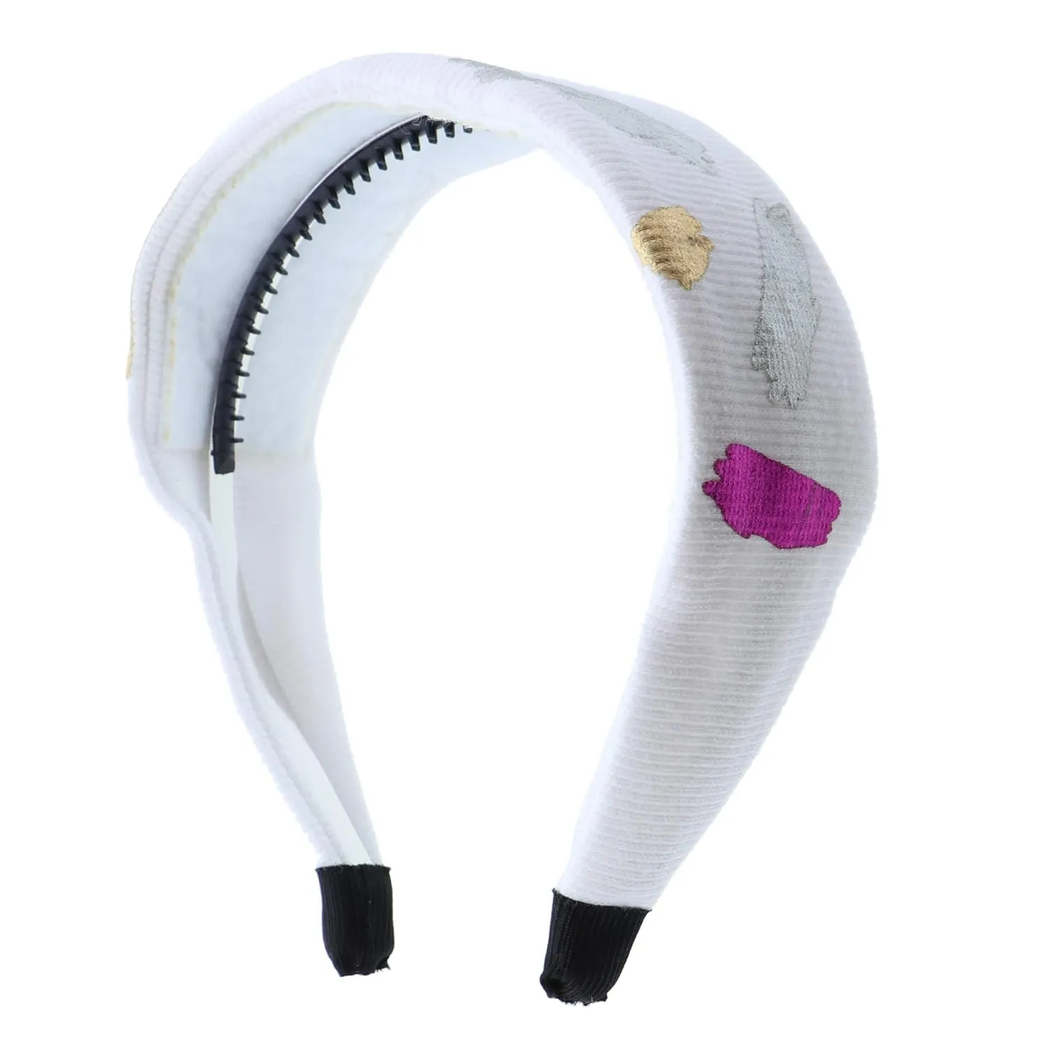 Bright Cheerful Wide Headband With Colorful Metallic Paint Streaks for Women and Girls-White