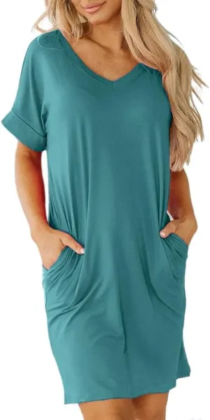 Camisunny Womens Short Sleeve Pleated Loose Swing Casual Dresses with Pockets Knee Length Summer V Neck Tunic Dress