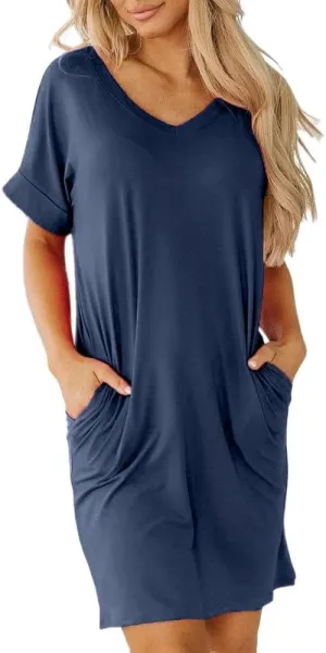 Camisunny Womens Short Sleeve Pleated Loose Swing Casual Dresses with Pockets Knee Length Summer V Neck Tunic Dress