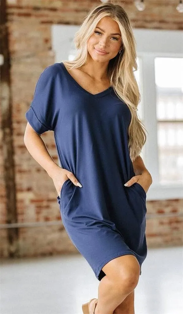 Camisunny Womens Short Sleeve Pleated Loose Swing Casual Dresses with Pockets Knee Length Summer V Neck Tunic Dress