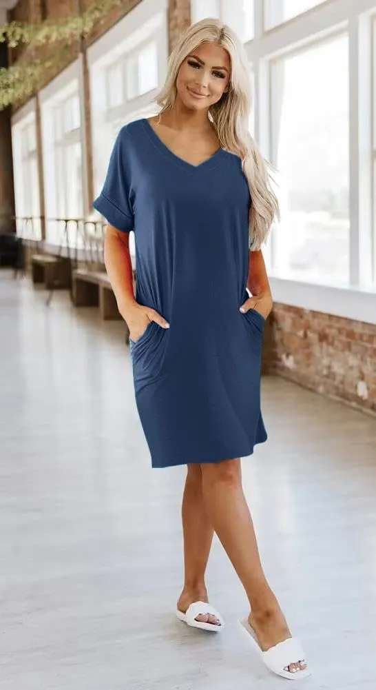 Camisunny Womens Short Sleeve Pleated Loose Swing Casual Dresses with Pockets Knee Length Summer V Neck Tunic Dress