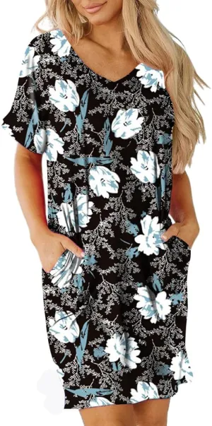 Camisunny Womens Short Sleeve Pleated Loose Swing Casual Dresses with Pockets Knee Length Summer V Neck Tunic Dress