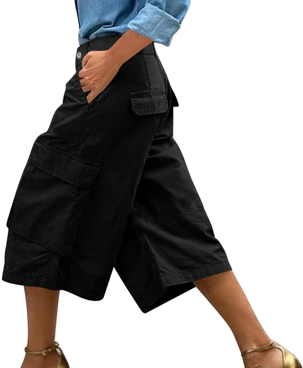 Capri Cargo Pants for Women with Pockets High Waisted Wide Leg Baggy Cargo Capris Casual Vintage Cropped Pants