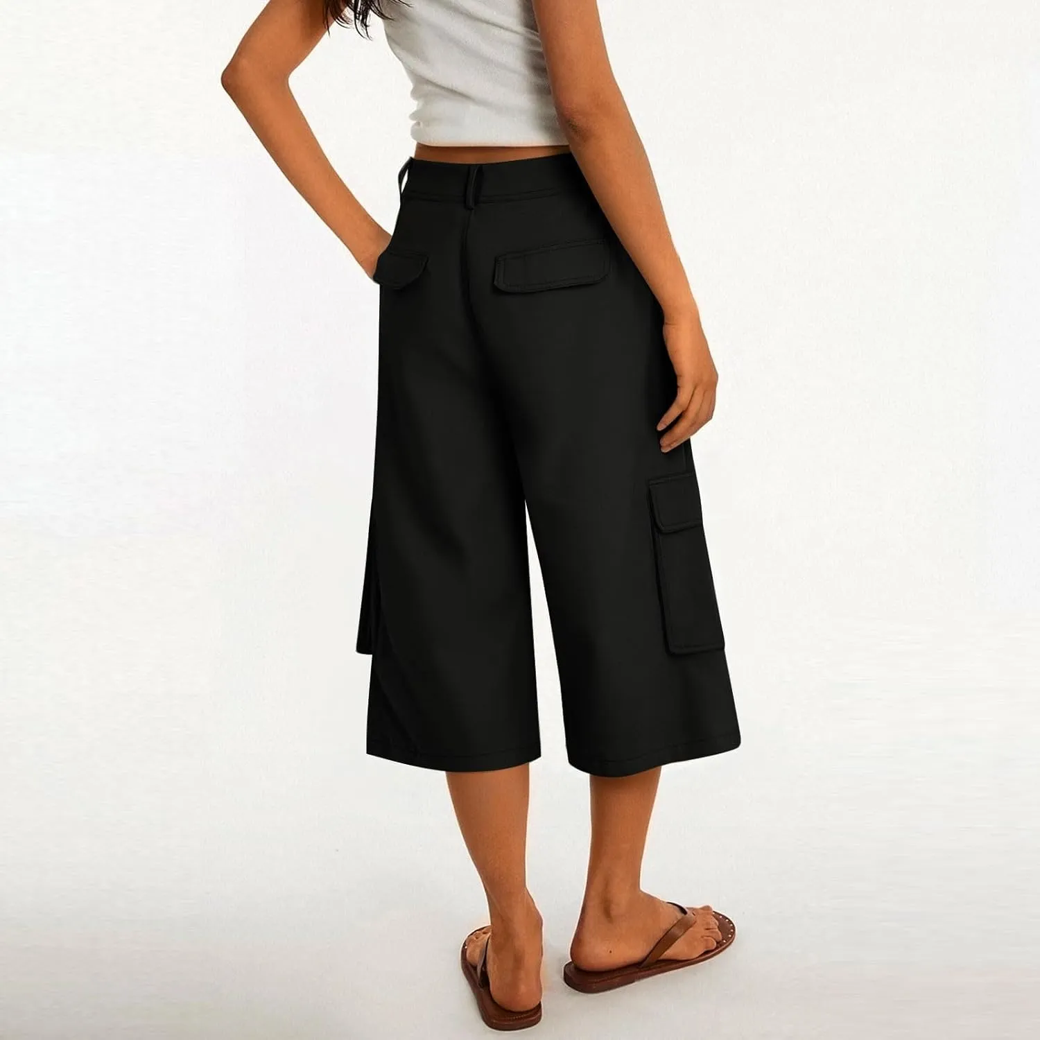 Capri Cargo Pants for Women with Pockets High Waisted Wide Leg Baggy Cargo Capris Casual Vintage Cropped Pants