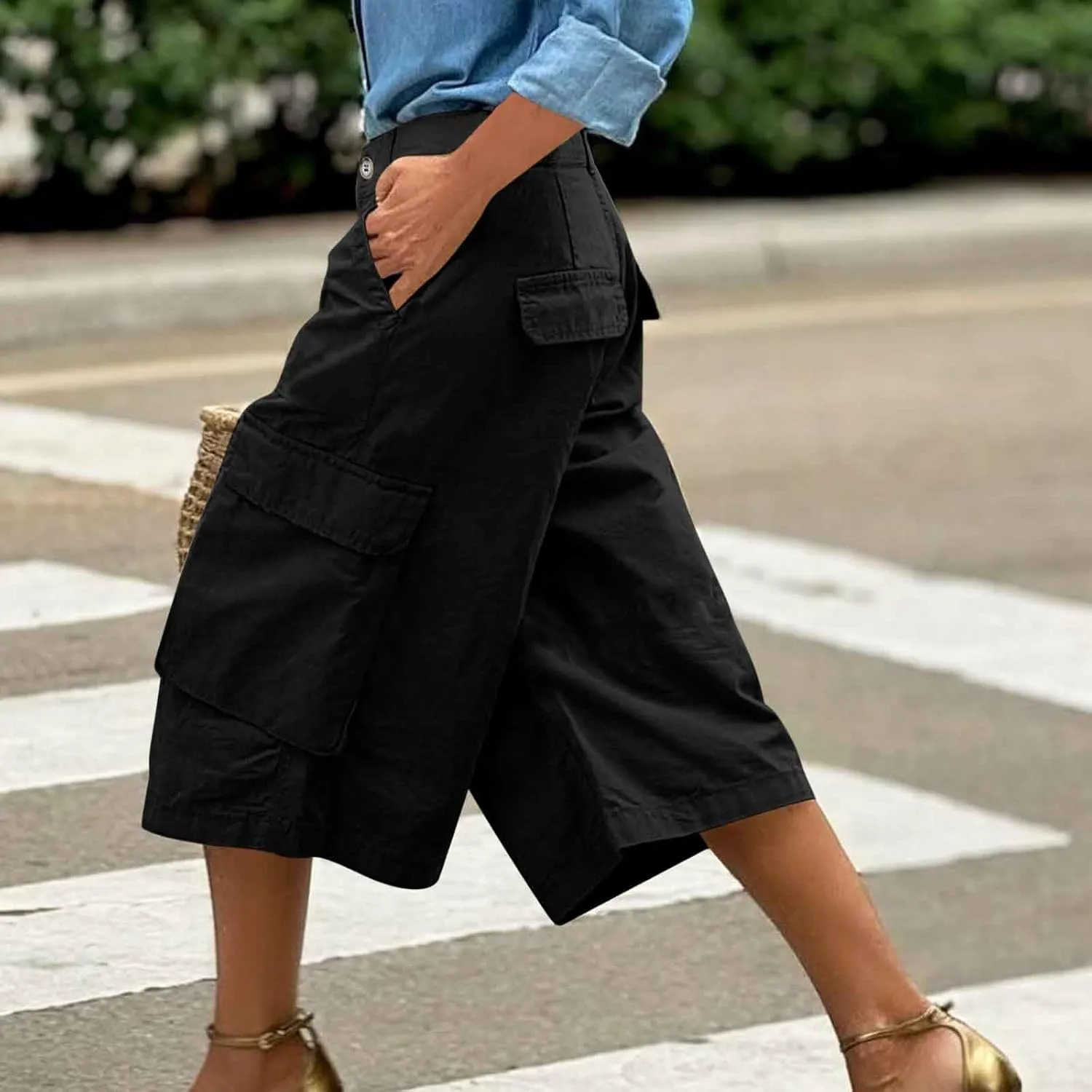 Capri Cargo Pants for Women with Pockets High Waisted Wide Leg Baggy Cargo Capris Casual Vintage Cropped Pants