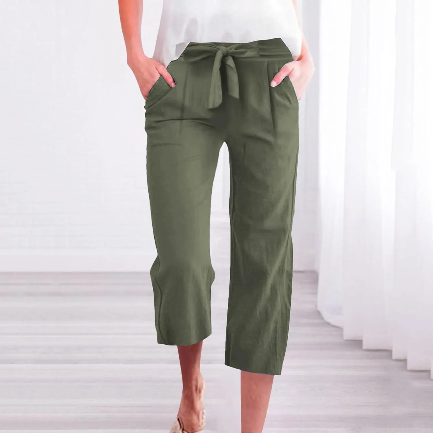 Capri Pants for Women Casual Summer Drawstring Waist Cotton Linen Capris Comfy Wide Leg Cropped Pants with Pockets