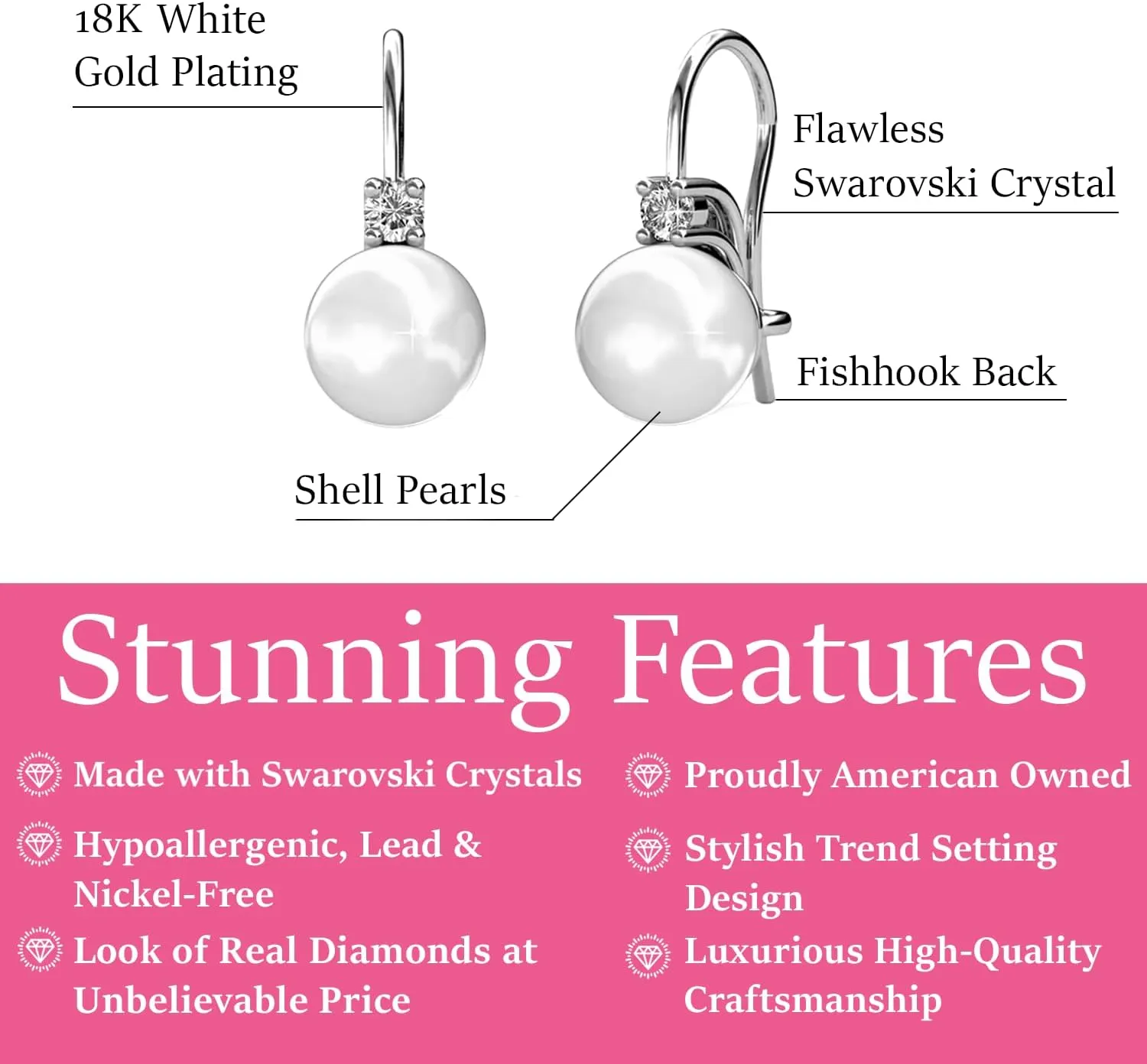 Cate & Chloe Cassie 18k White Gold Pearl Drop Earrings For Women | Women's Drop & Dangle Earrings With Crystals, Classic Pearl Earring Set, Fashion Earrings For Women, Hypoallergenic Earrings