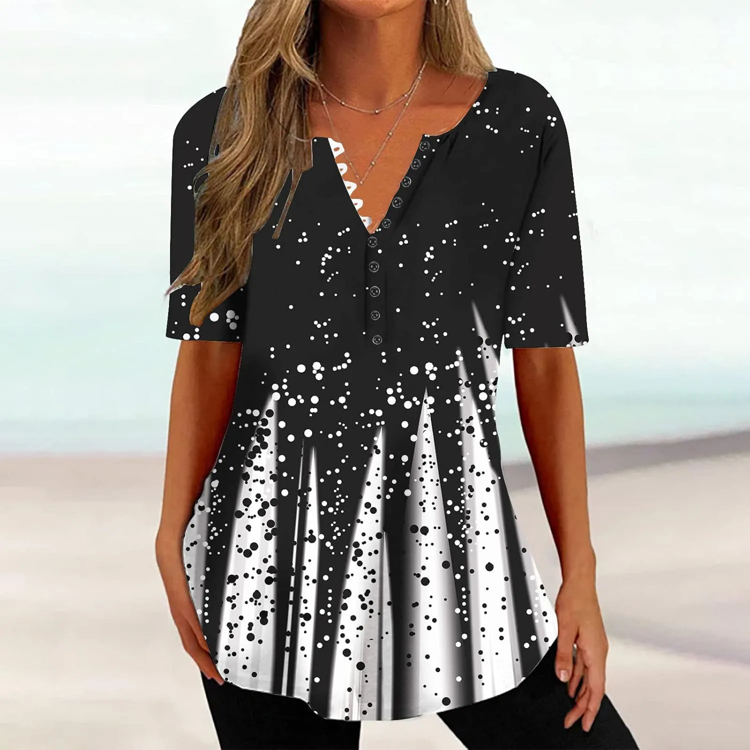 Ceboyel Women Floral Print Henley Shirts Button Down V Neck Sexy Causal Tops Short Sleeve Tunic Blouses Dressy Ladies Outfits