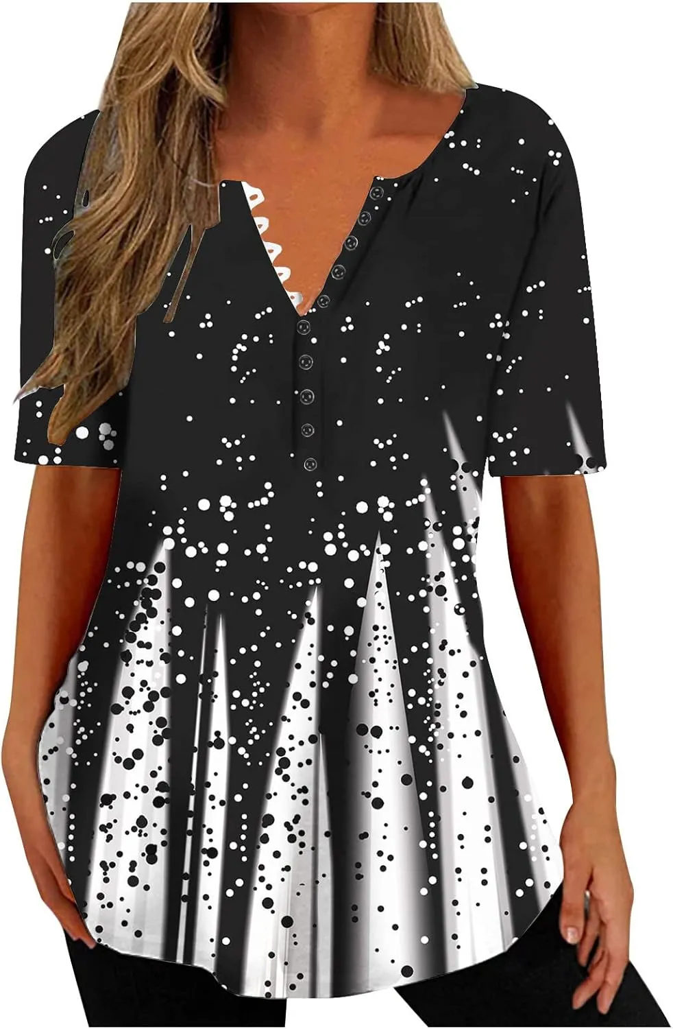 Ceboyel Women Floral Print Henley Shirts Button Down V Neck Sexy Causal Tops Short Sleeve Tunic Blouses Dressy Ladies Outfits