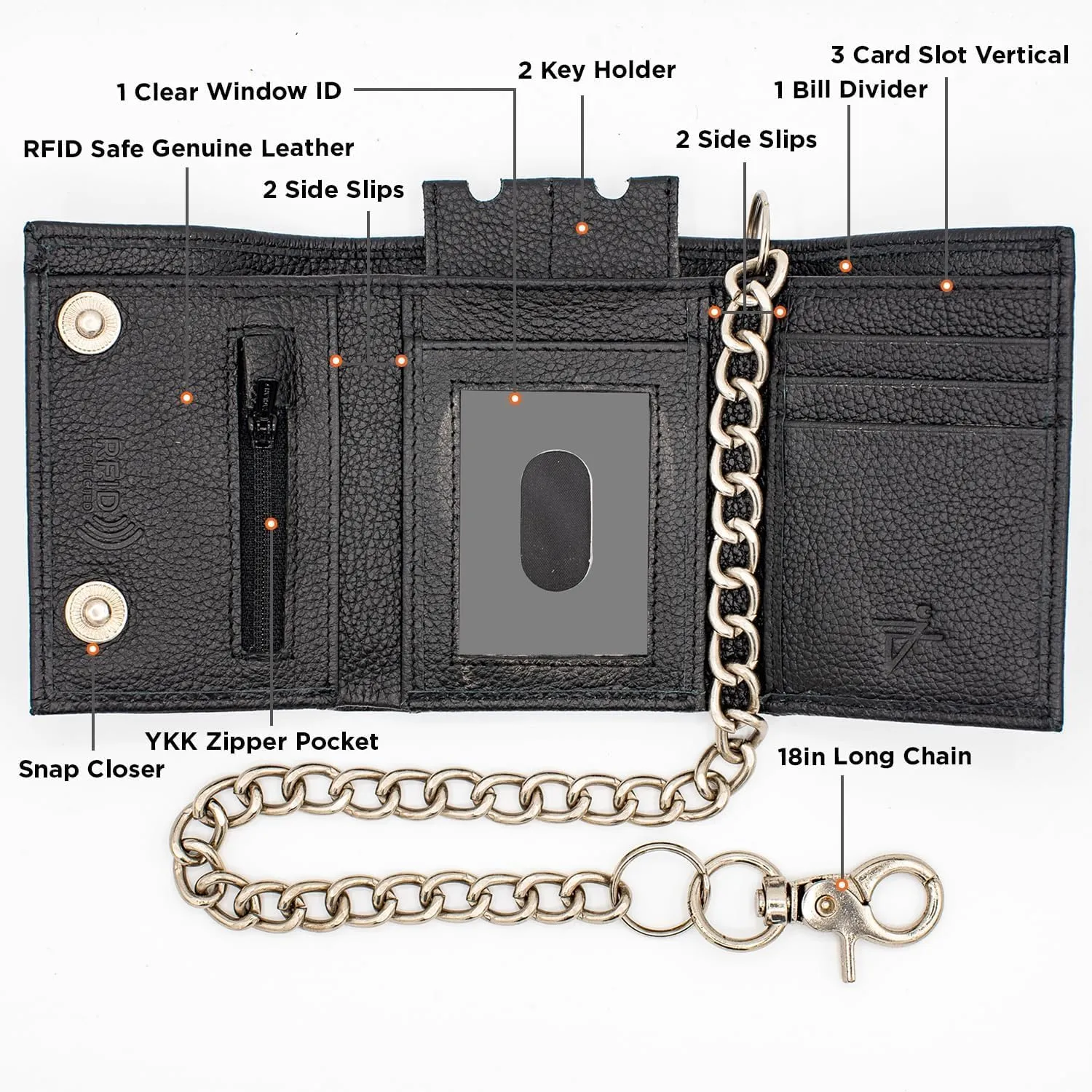 Chain Wallets for men Biker Chains Top-Grain Cow Leather Trifold Wallet With Chain RFID-Safe Snake Texture, Durable Wallet Leather Wallets Design In USA (J110-WC, Black)