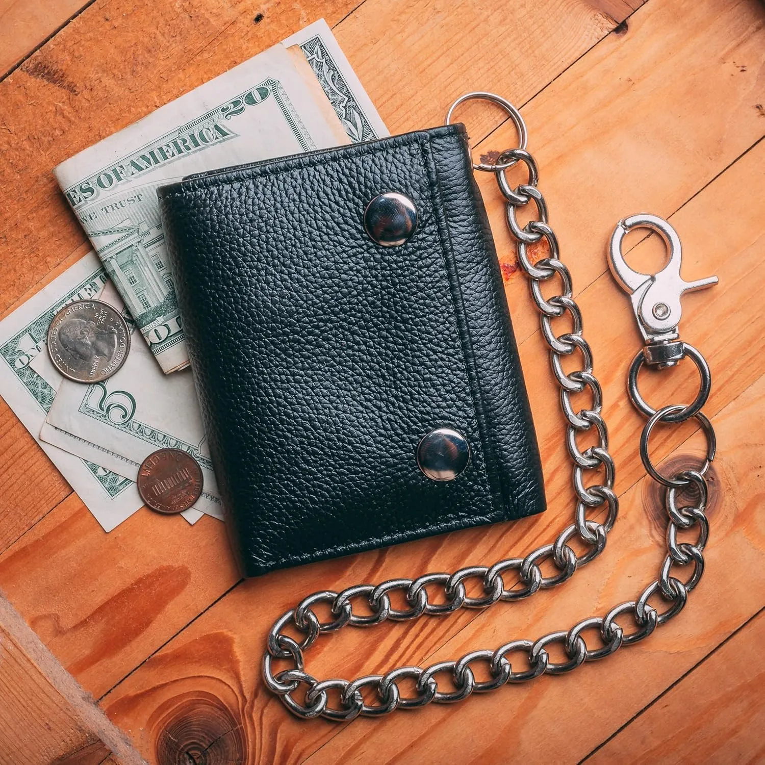 Chain Wallets for men Biker Chains Top-Grain Cow Leather Trifold Wallet With Chain RFID-Safe Snake Texture, Durable Wallet Leather Wallets Design In USA (J110-WC, Black)