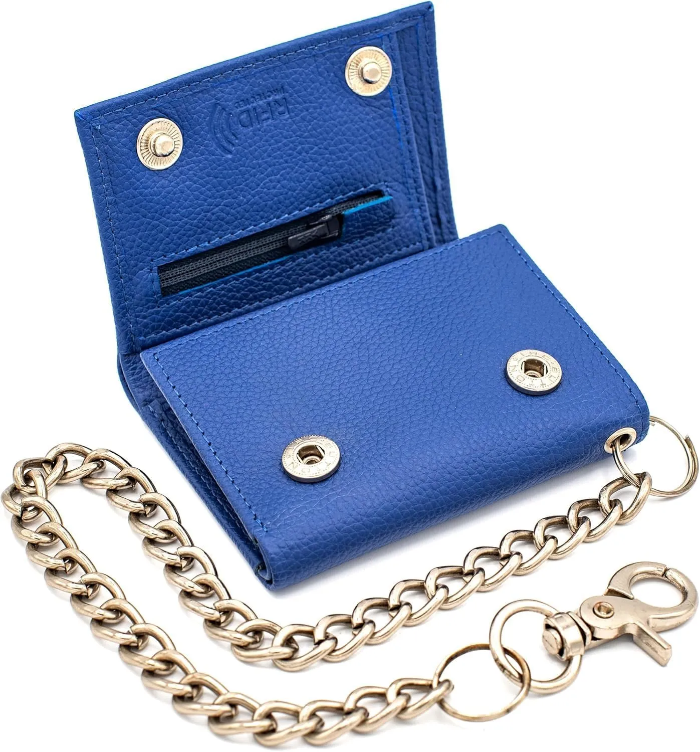 Chain Wallets for Men Biker Chains Top-Grain Cow Leather Trifold Wallet With Chain RFID-Safe Snake Texture, Durable Wallet Leather Wallets Design In USA (J110-WC, Blue)
