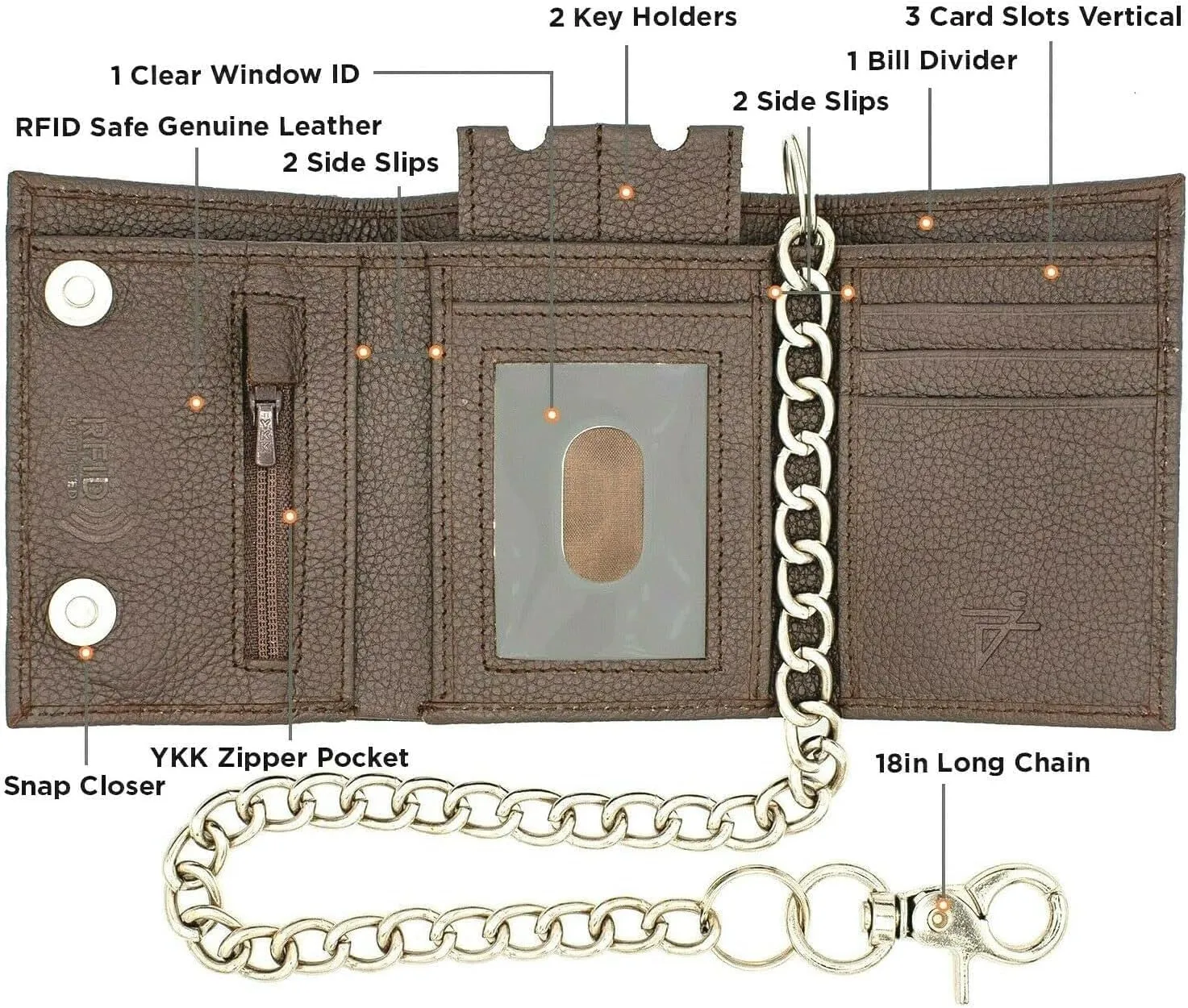 Chain Wallets for Men Biker Chains Top-Grain Cow Leather Trifold Wallet With Chain RFID-Safe Snake Texture, Durable Wallet Leather Wallets Design In USA (J110-WC, Brown)