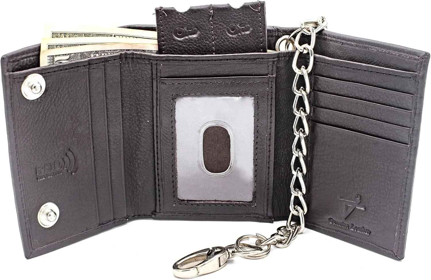 Chain Wallets for Men Biker Chains Top-Grain Cow Leather Trifold Wallet With Chain RFID-Safe Snake Texture, Durable Wallet Leather Wallets Design In USA (J111-WC, Brown)