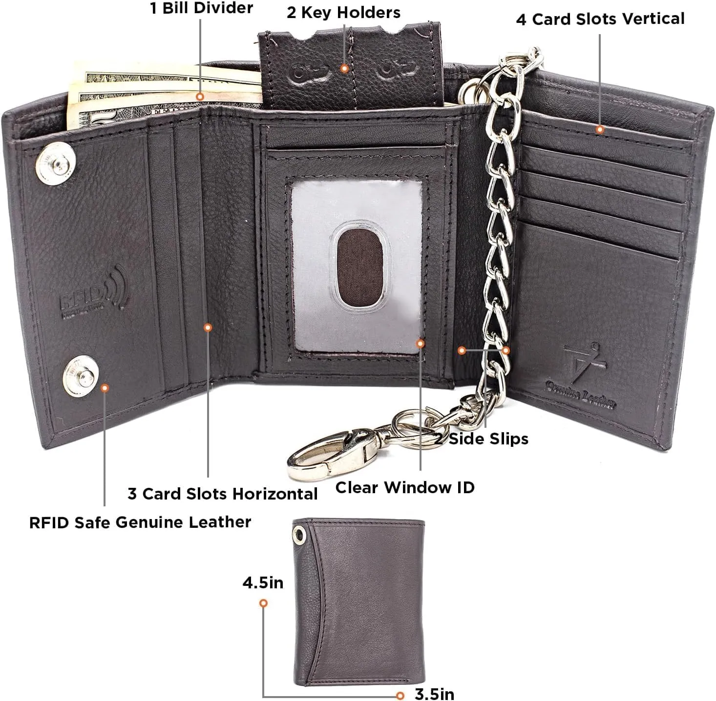 Chain Wallets for Men Biker Chains Top-Grain Cow Leather Trifold Wallet With Chain RFID-Safe Snake Texture, Durable Wallet Leather Wallets Design In USA (J111-WC, Brown)