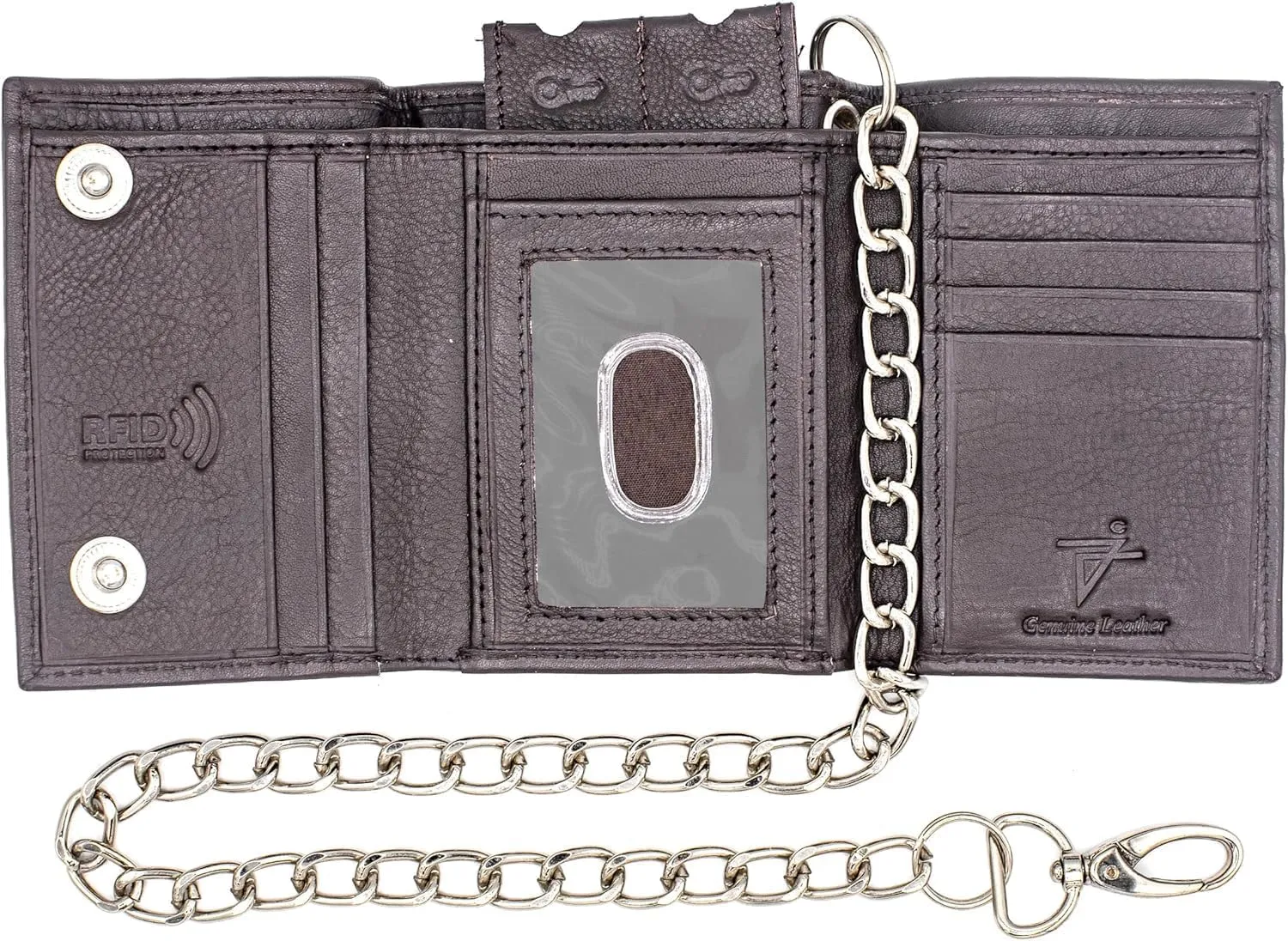 Chain Wallets for Men Biker Chains Top-Grain Cow Leather Trifold Wallet With Chain RFID-Safe Snake Texture, Durable Wallet Leather Wallets Design In USA (J111-WC, Brown)