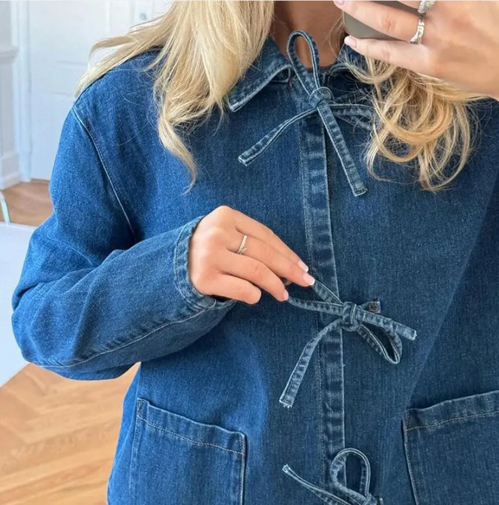 CHARTOU Tie Front Tops for Women Y2k Lightweight Denim Lace Up Shirt Jacket with Pockets