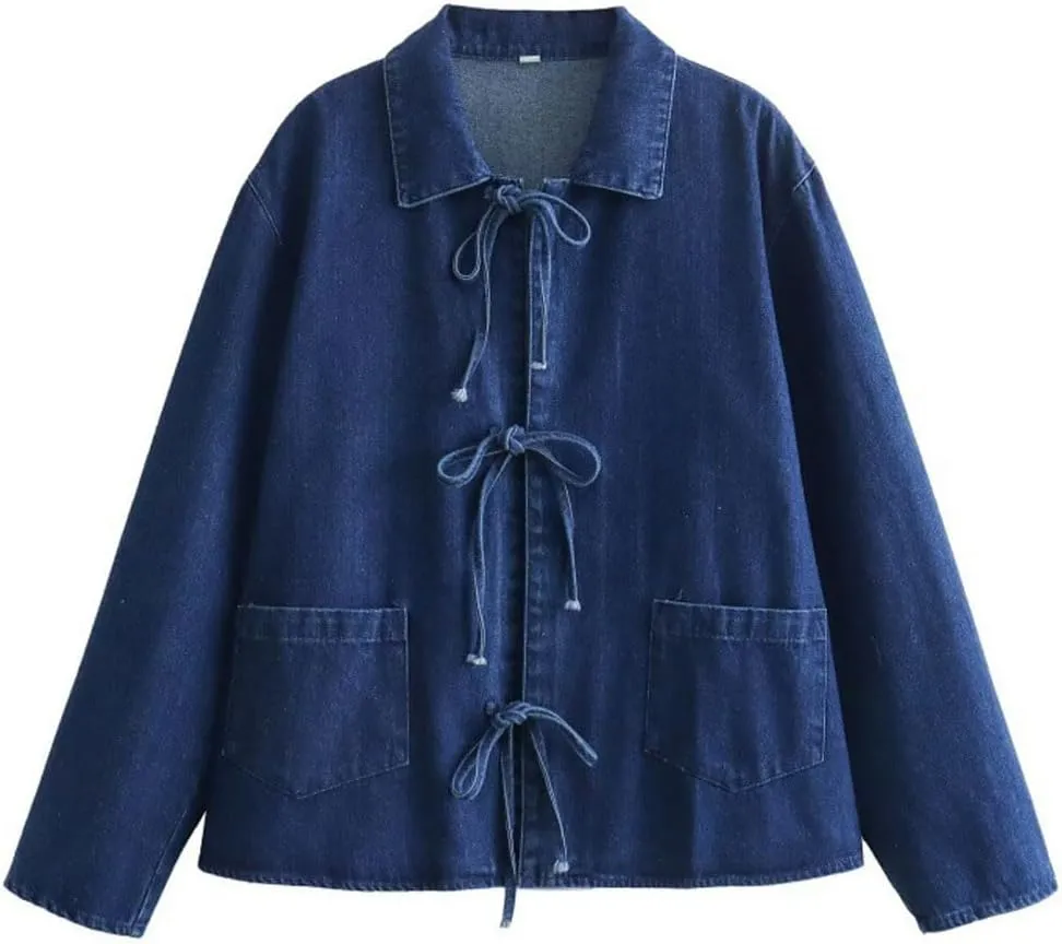 CHARTOU Tie Front Tops for Women Y2k Lightweight Denim Lace Up Shirt Jacket with Pockets