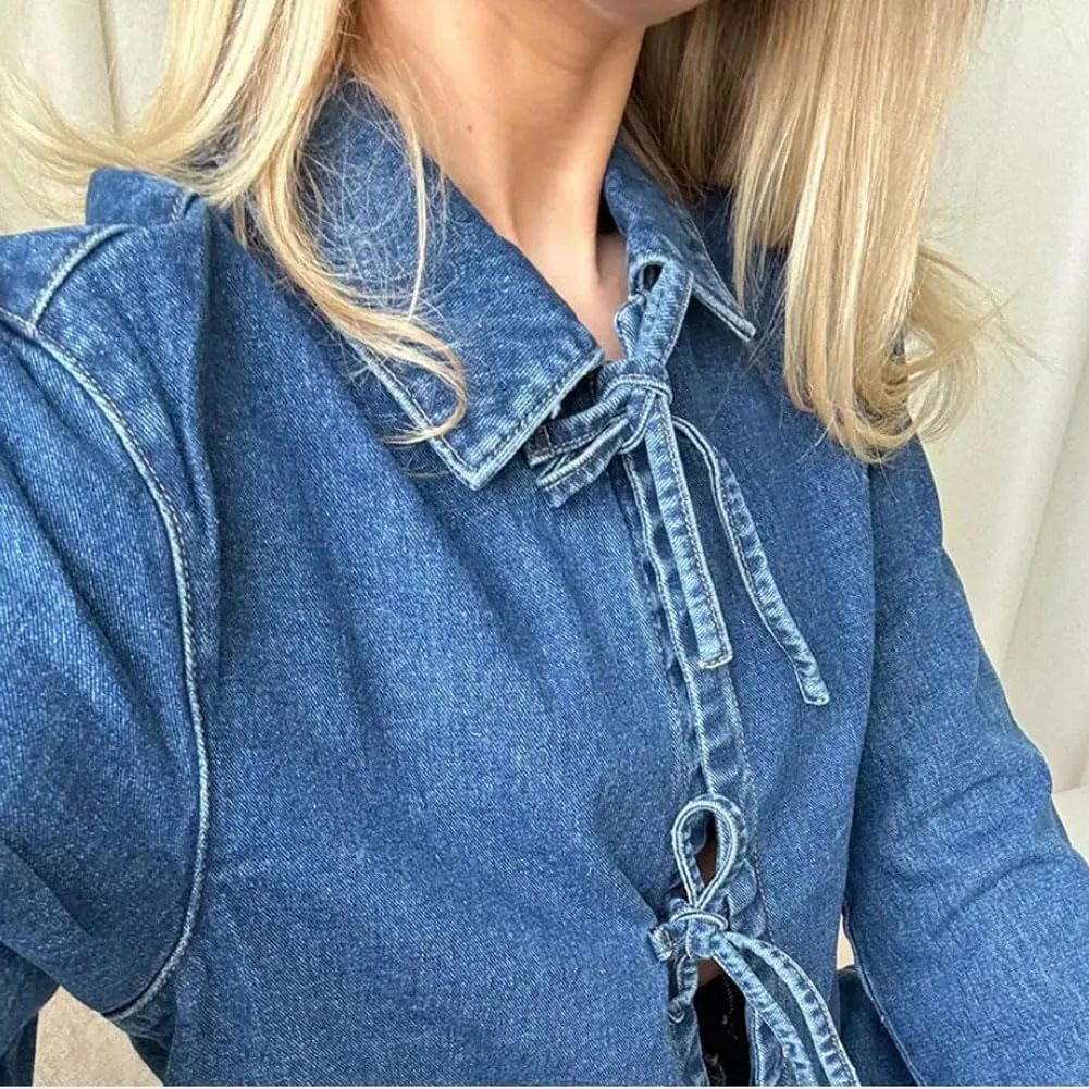 CHARTOU Tie Front Tops for Women Y2k Lightweight Denim Lace Up Shirt Jacket with Pockets