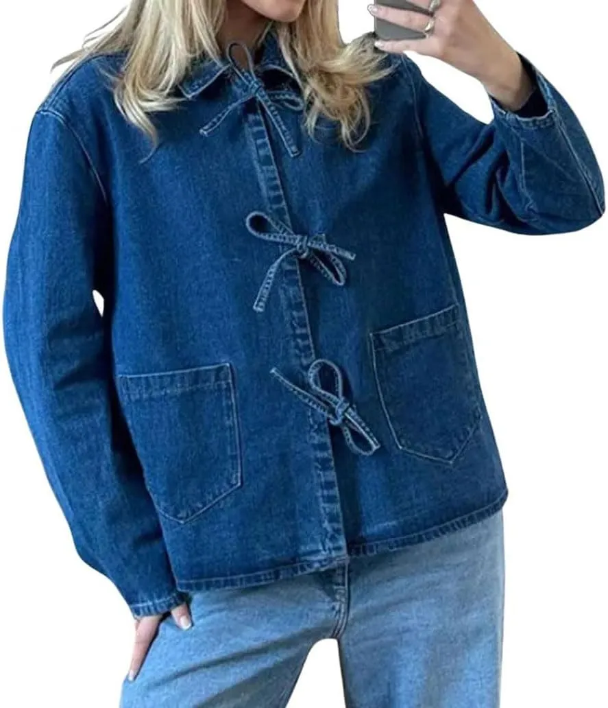 CHARTOU Tie Front Tops for Women Y2k Lightweight Denim Lace Up Shirt Jacket with Pockets