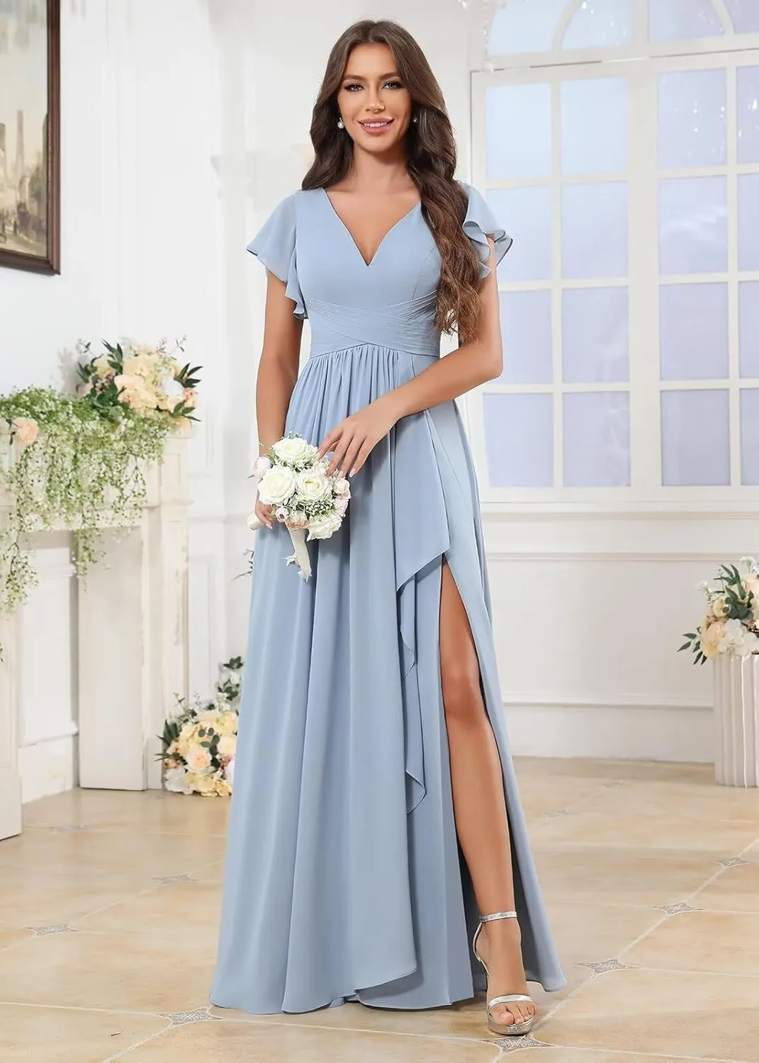 Chiffon Ruffle Sleeve Bridesmaid Dresses for Women Long Ruched A-Line Formal Evening Wedding Guest Dress with Slit