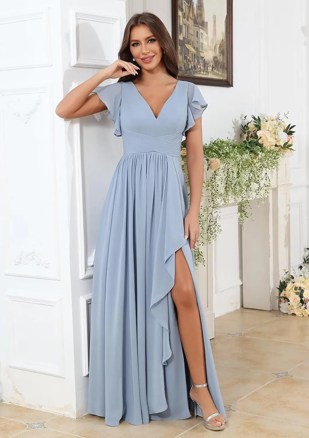 Chiffon Ruffle Sleeve Bridesmaid Dresses for Women Long Ruched A-Line Formal Evening Wedding Guest Dress with Slit